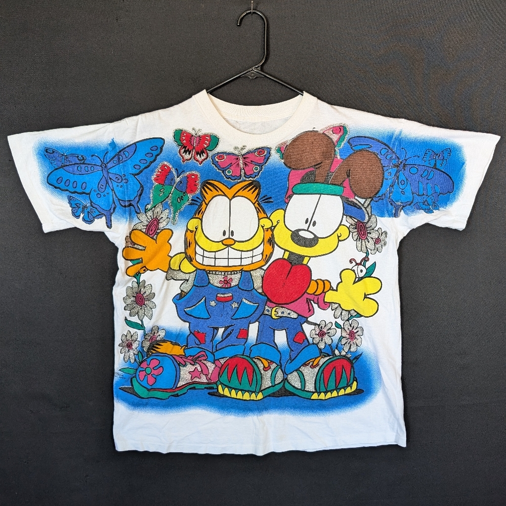 Vtg 90’s Garfield ALL OVER PRINT T-shirt 1996 Size XL, Silver Glitter